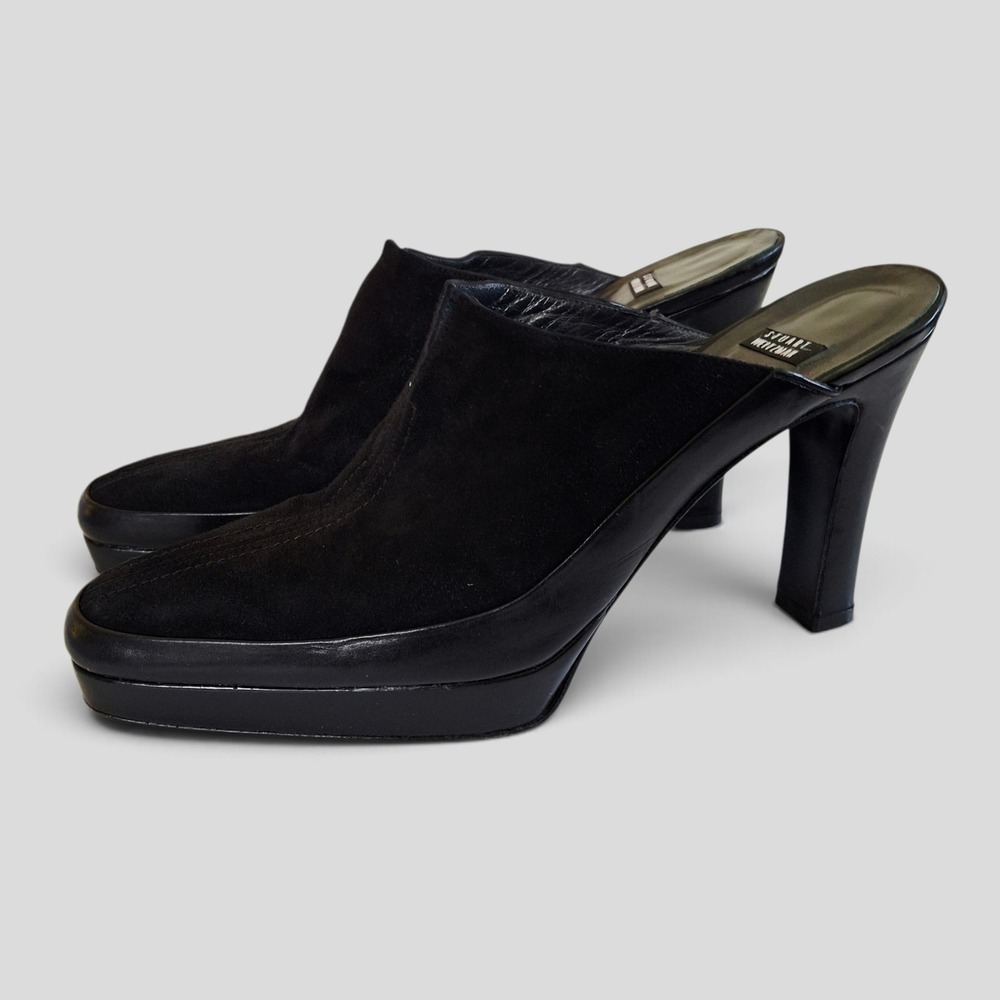 Y2K Vintage Stuart Weitzman Black Suede Leather Platform Mules Square Toe Heels